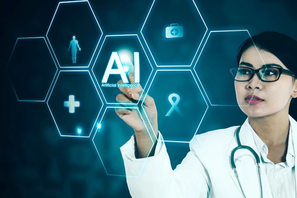 Woman with glasses and stethoscope around her neck pointing at an electronic image that says AI in the middle of a web